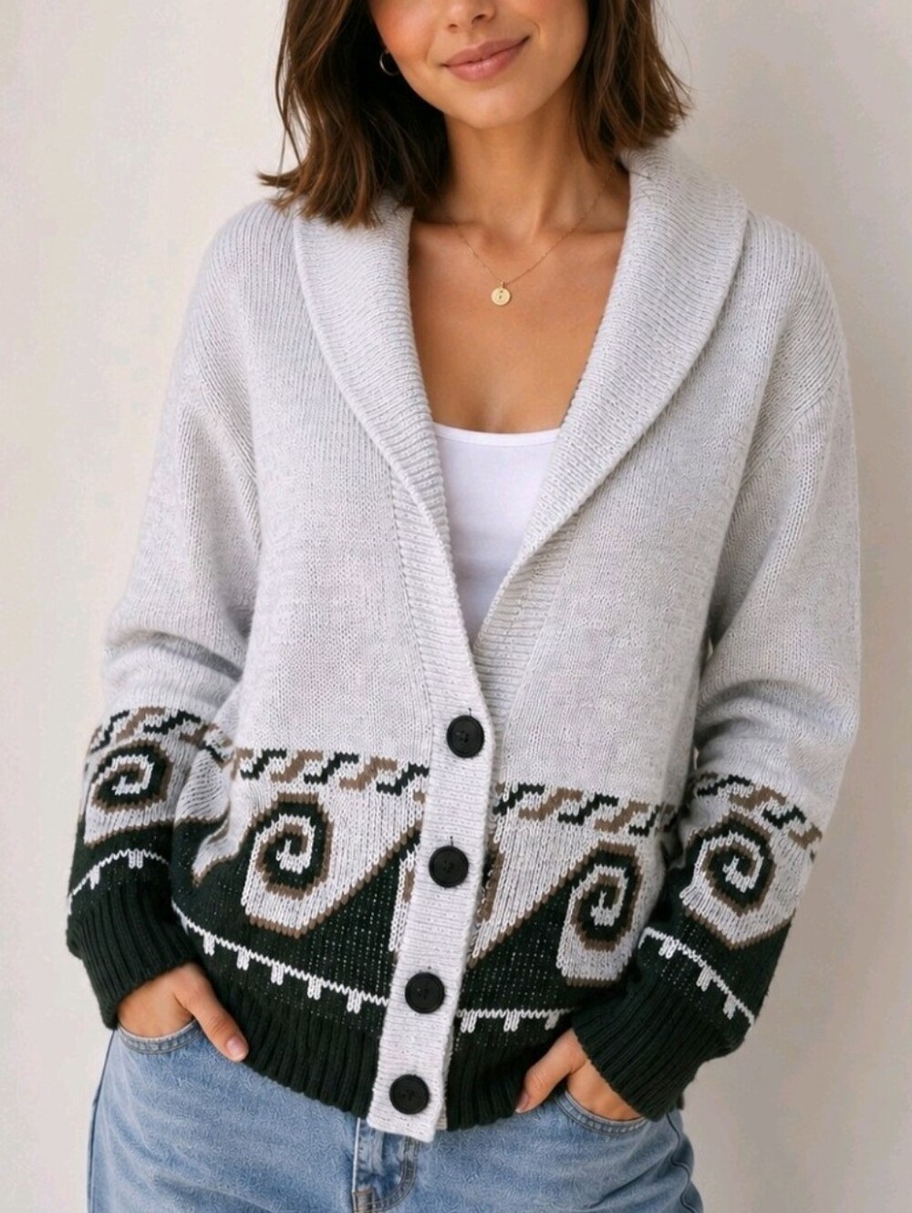 VTG 60s Cream and Green Grandpa Cardigan Sweater Ferranti of  California MEDIUM